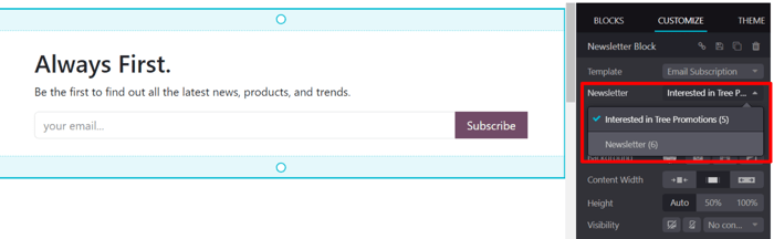 The newsletter drop-down menu in the customize sidebar that appears in Axsys Website.