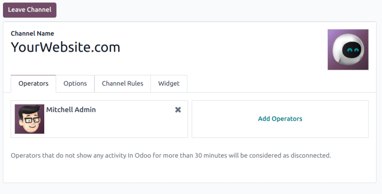 View of a live chat channel form for Axsys Live Chat.