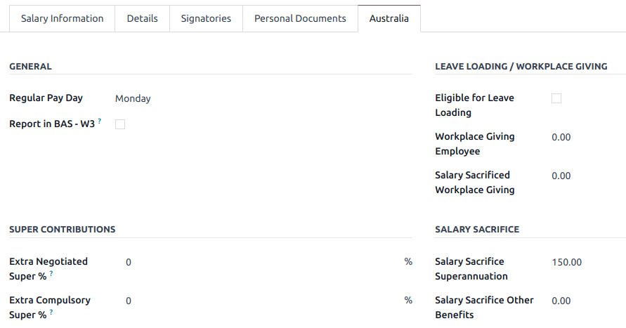 Employee settings tab for the Australian payroll localization.
