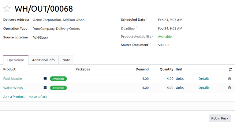 The Details link for a product in a delivery order.
