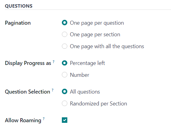 The Questions section of the Options tab on a survey form in Axsys Surveys.