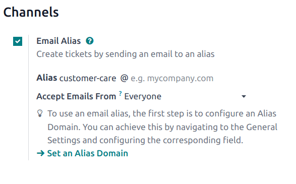 View of the settings page of a Helpdesk team emphasizing the email alias feature in Axsys Helpdesk.