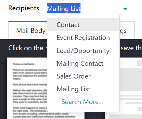 View of recipients drop-down menu in the Axsys Email Marketing application.