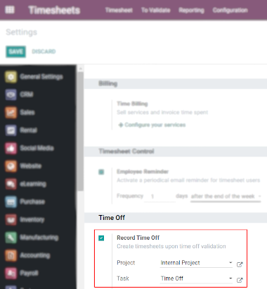View of Timesheets setting enabling the feature record time off in Axsys Timesheets