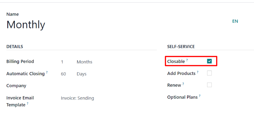 The Closable option on a recurring plan form in Axsys Subscriptions.