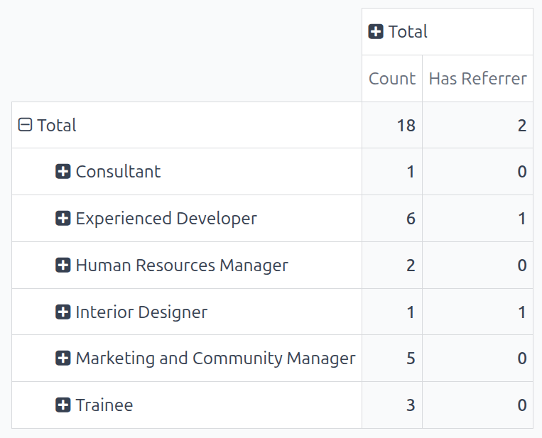 The detailed pivot table view displaying the number of referrals and the total applicants.