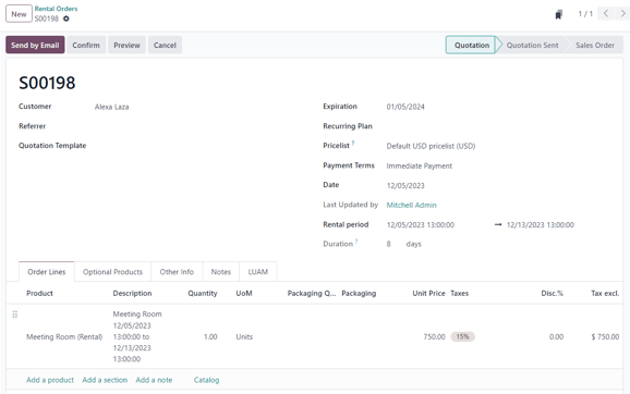 Sample of a filled out rental order available in the Axsys Rental application.