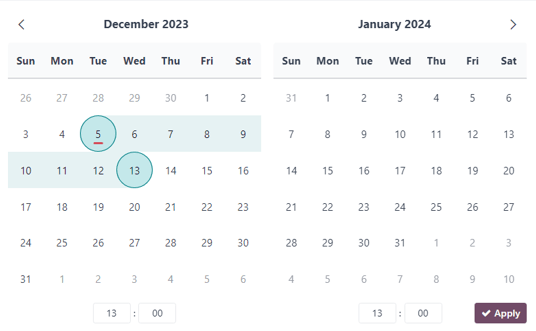 Sample of a rental period calendar pop-up window in the Axsys Rental application.