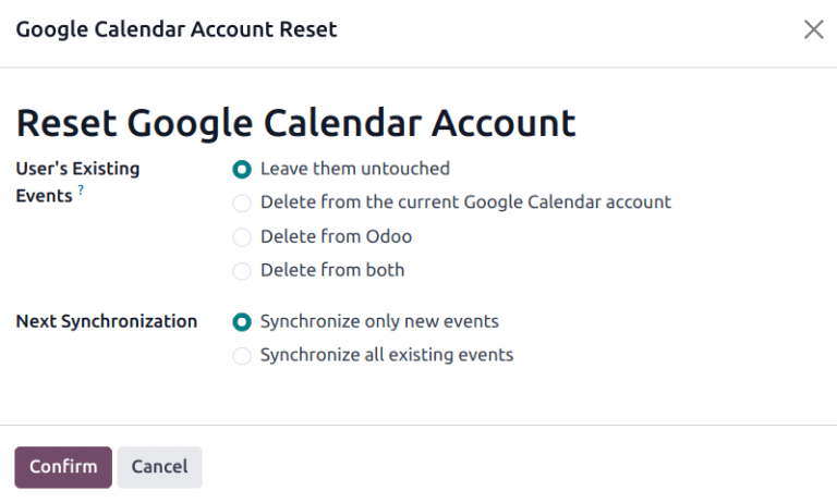 Google calendar reset options in Axsys.