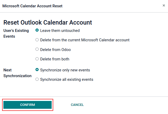 Outlook calendar reset options in Axsys.