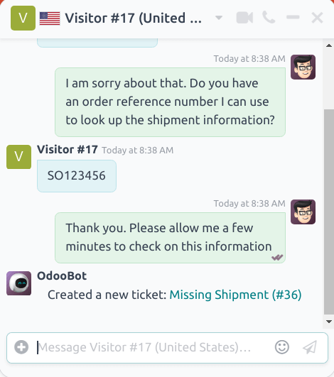 View of the chat window with a helpdesk ticket created in Odoo Live Chat.