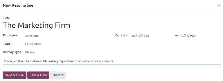 A resumé entry form with all the information populated.