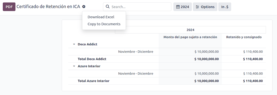 Certificado de Retención en ICA report in Axsys Accounting.