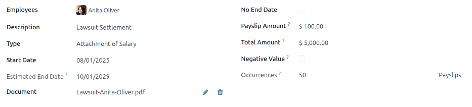 The salary attachment form with all fields filled out.
