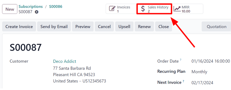 Sales History smart button in the Axsys Subscriptions application.