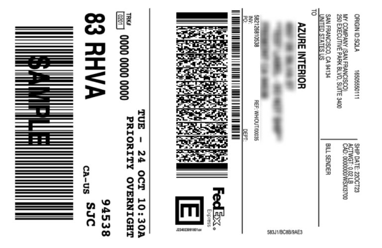 Sample label generated from Axsys's shipping connector with FedEx.