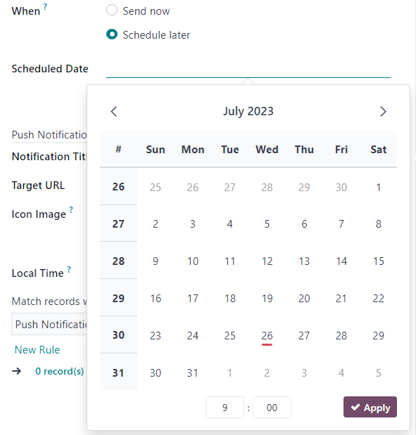 Schedule date pop-up window that appears on social media post detail form in Axsys.