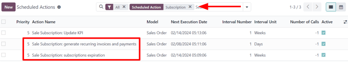 The subscription-related results on the scheduled actions page in Axsys Settings.