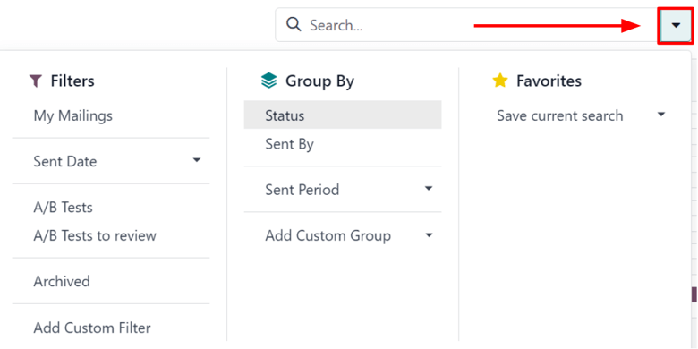 The drop-down mega menu of search options the Axsys Email Marketing application.