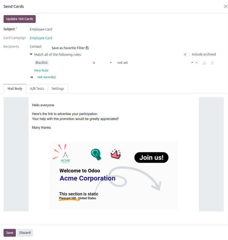 Send Cards window when sending mailing campaigns in Cobuild Marketing Card.