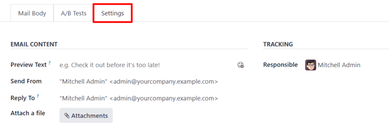 View of settings tab in Axsys Email Marketing app, without campaign setting activated.