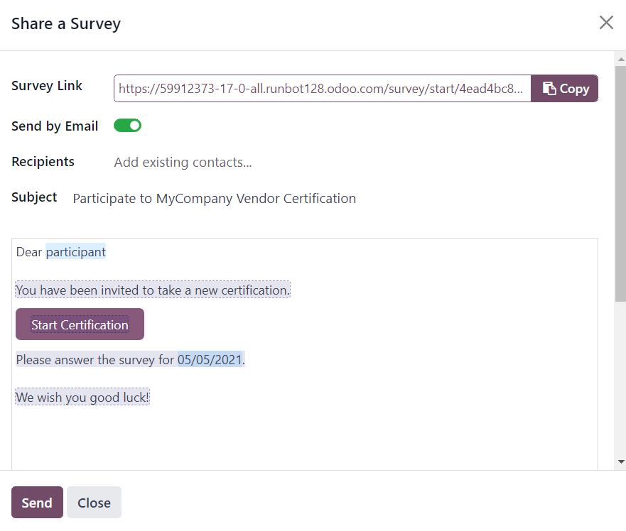 The 'Share a Survey' pop-up window in Axsys Surveys with the Send by Email toggled on.