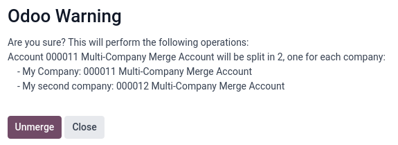 Confirmation wizard for the Unmerge Tool of the shared accounts feature.