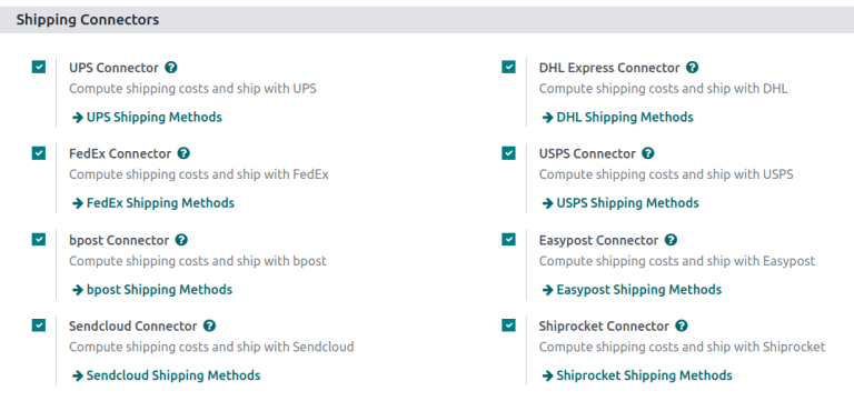 Options of available shipping connectors in Axsys.