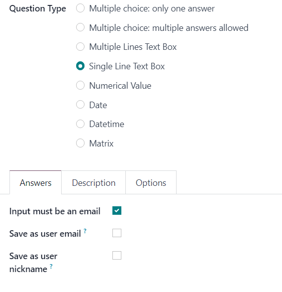 The Single Line Text box question type answers tab in Axsys Surveys.