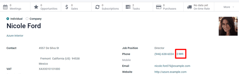 The SMS icon is located on an individual's contact form in Axsys Contacts.