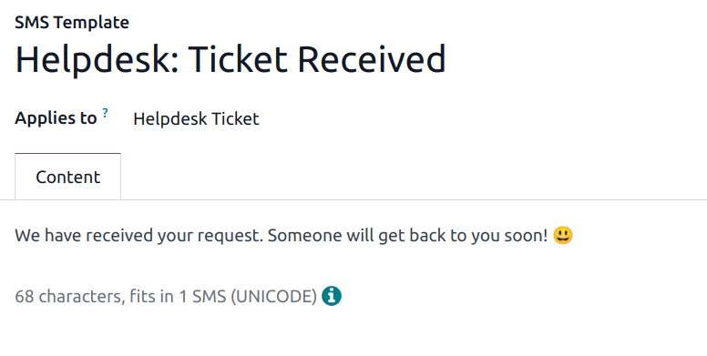 View of an SMS template setup page in Axsys Helpdesk.