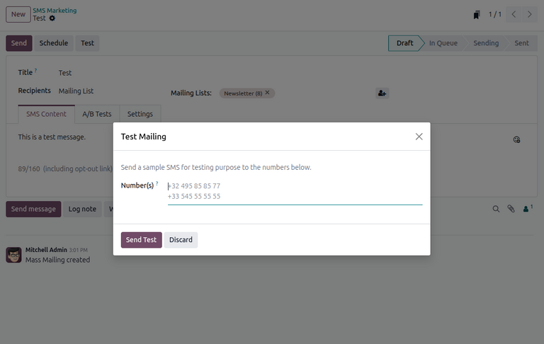View of an SMS test in Cobuild SMS Marketing.