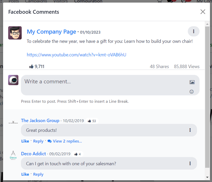 Sample of a social media post's pop-up window in Axsys Social Marketing application.