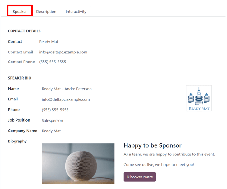 The Speaker tab on an event track form in the Axsys Events application.