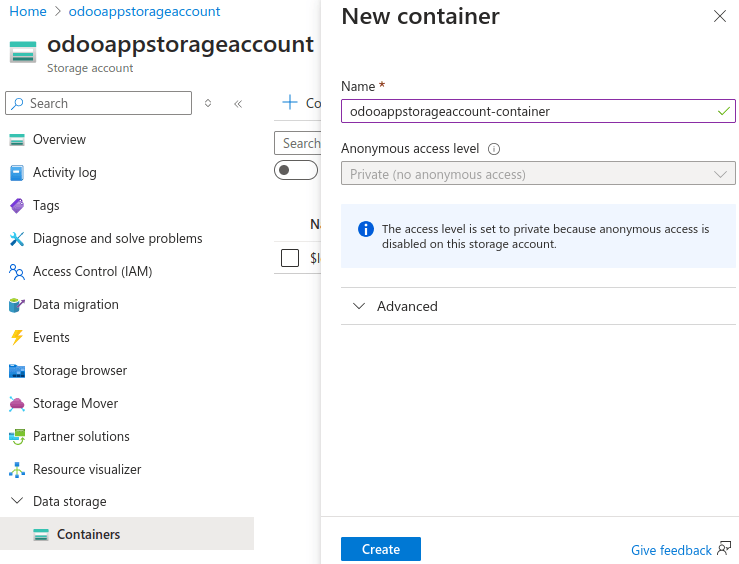 Creating a Microsoft Azure storage container