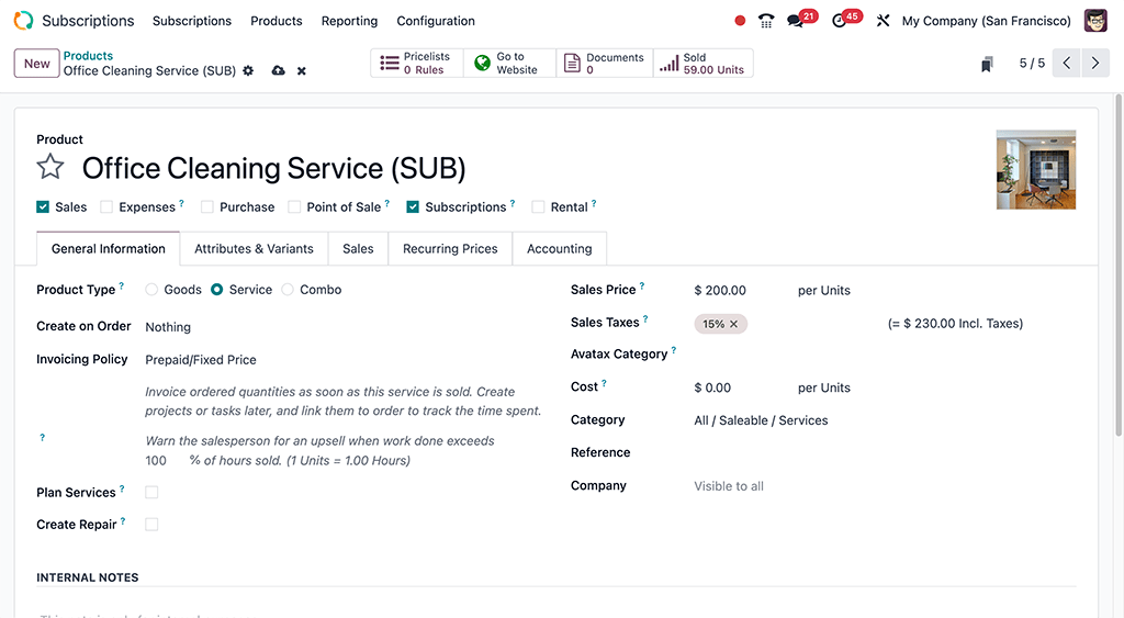 A basic subscription product form in Axsys Subscriptions application.