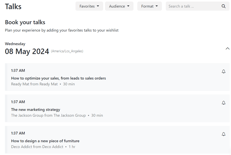 The Talks page on an event website built through the Axsys Events application.