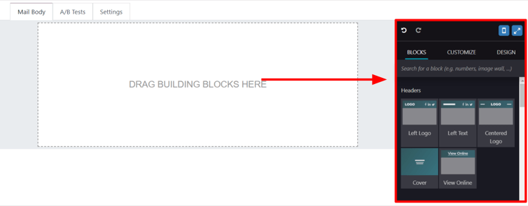 View of the building blocks in the Mail Body tab in Axsys Email Marketing application.