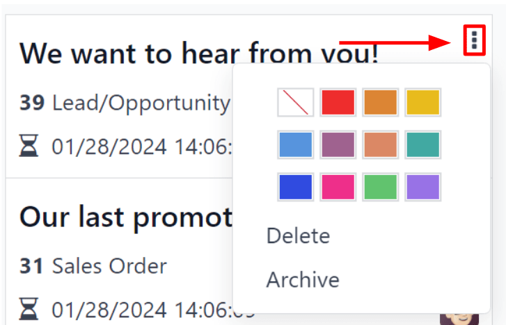 View of the three-dot drop-down menu on the Axsys Email Marketing dashboard.