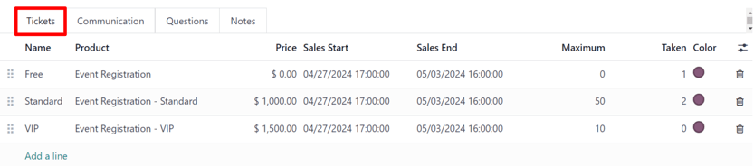 A typical tickets tab on an event form in the Axsys Events application.