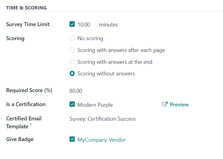 The Time and Scoring section of the Options tab on a survey form in Axsys Surveys.