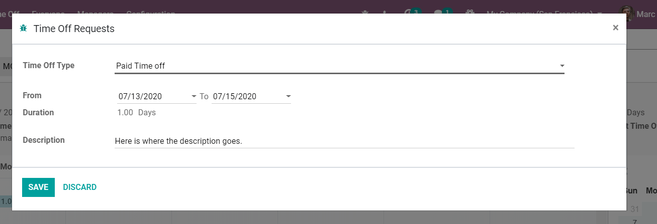 View of the time off request form in Axsys Time Off