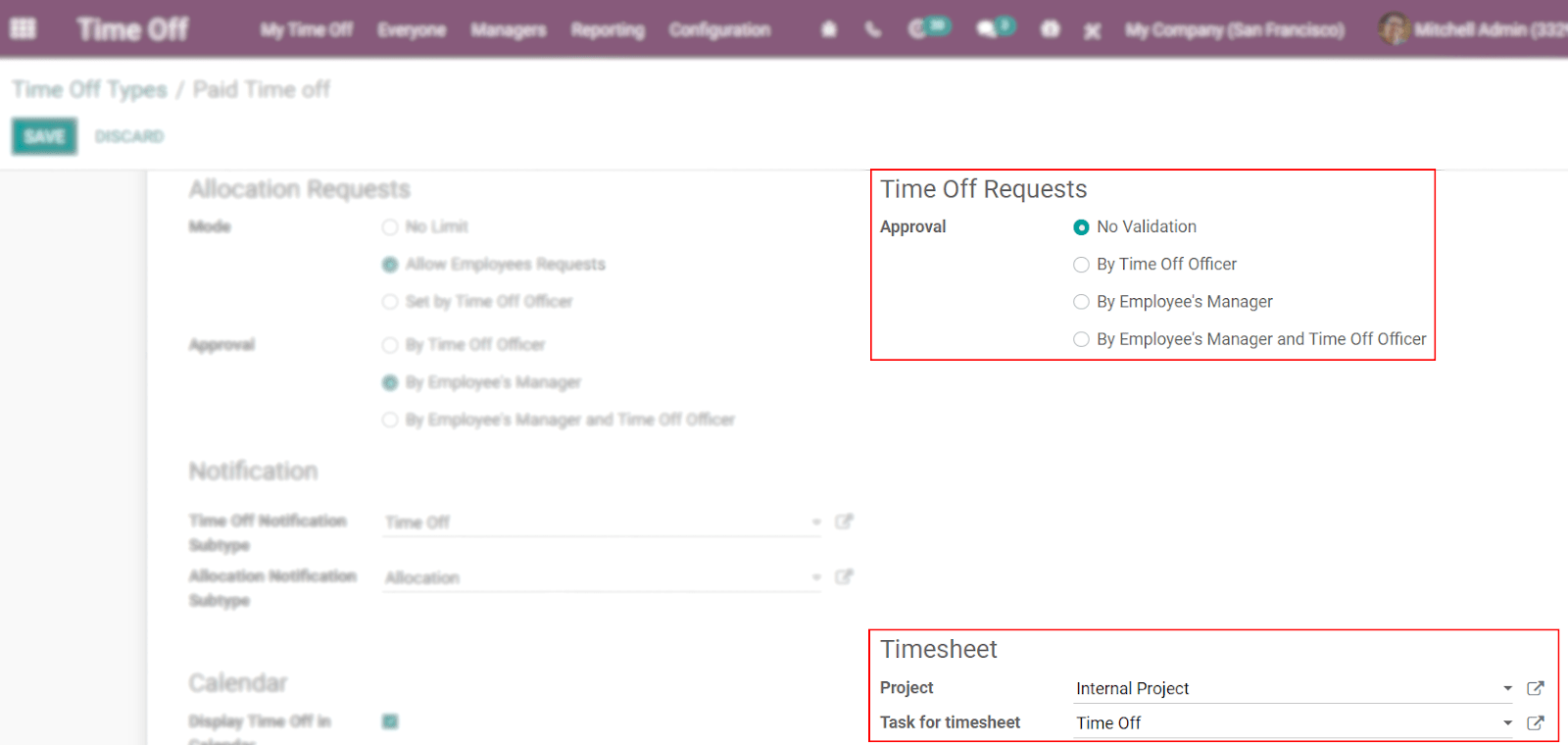 View of a time off types form emphasizing the time off requests and timesheets section in Axsys Time Off