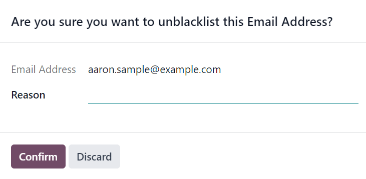View of the unblacklist pop-up window in the Axsys Email Marketing application.