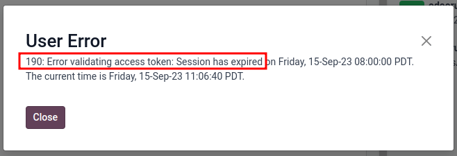 User error populated in Axsys when token expires.