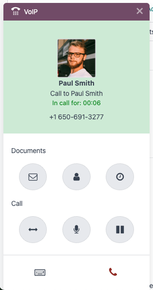 The VoIP widget opened to a call, showing the shortcut icons a salesperson has access to.