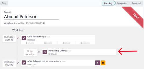 Workflow test progress in Axsys Marketing Automation.